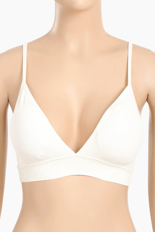 Polyamide Ribbed Plunge V-Neck Sports Bra – Off White