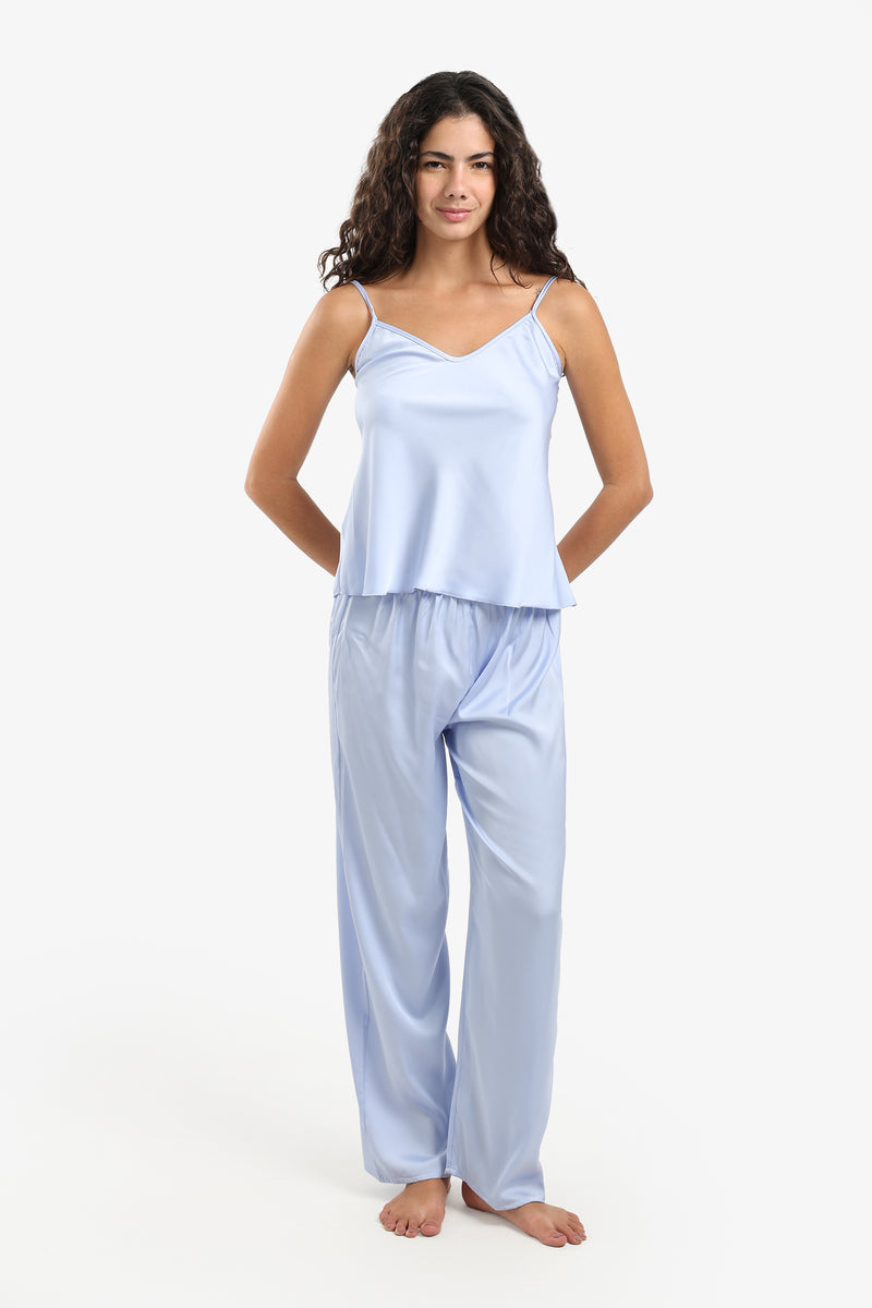 Satin Solid 3-Piece Pyjama Set – Light Blue