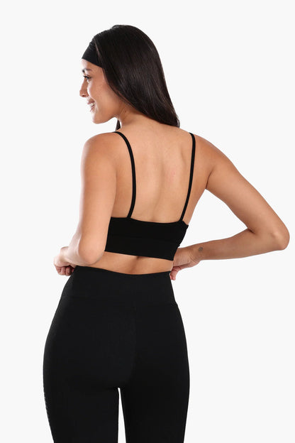 Polyamide Ribbed Plunge V-Neck Sports Bra – Black