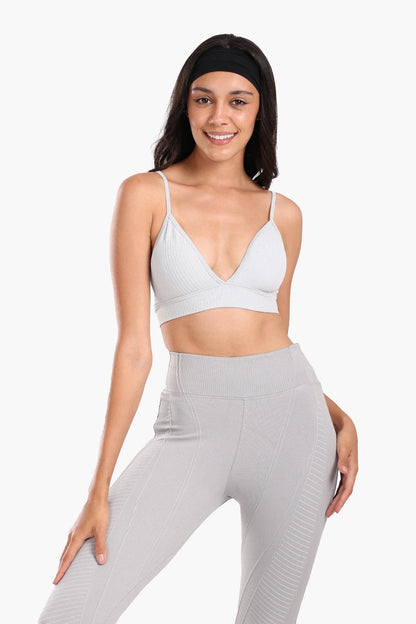 Polyamide Ribbed Plunge V-Neck Sports Bra – Grey