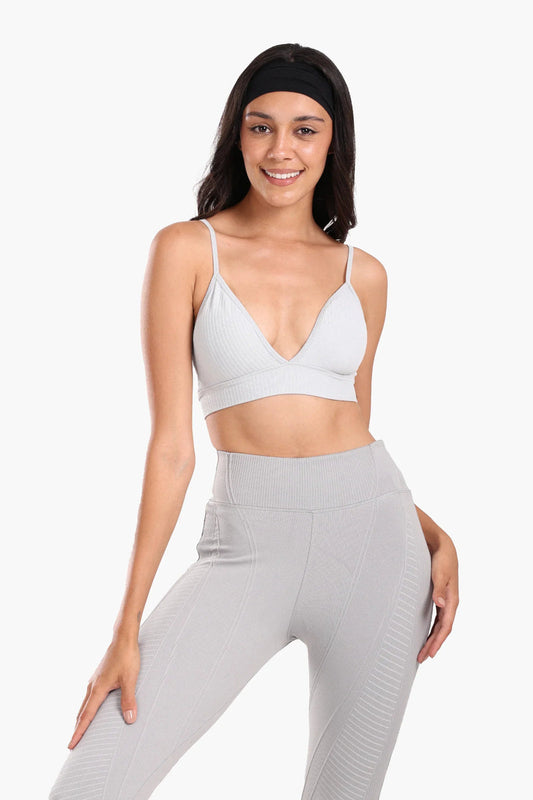 Polyamide Ribbed Plunge V-Neck Sports Bra – Grey