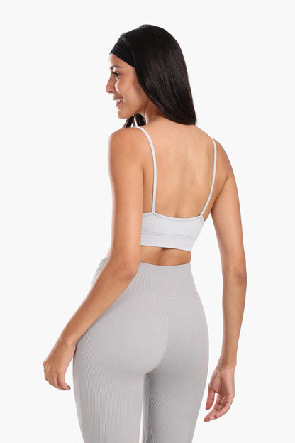 Polyamide Ribbed Plunge V-Neck Sports Bra – Grey