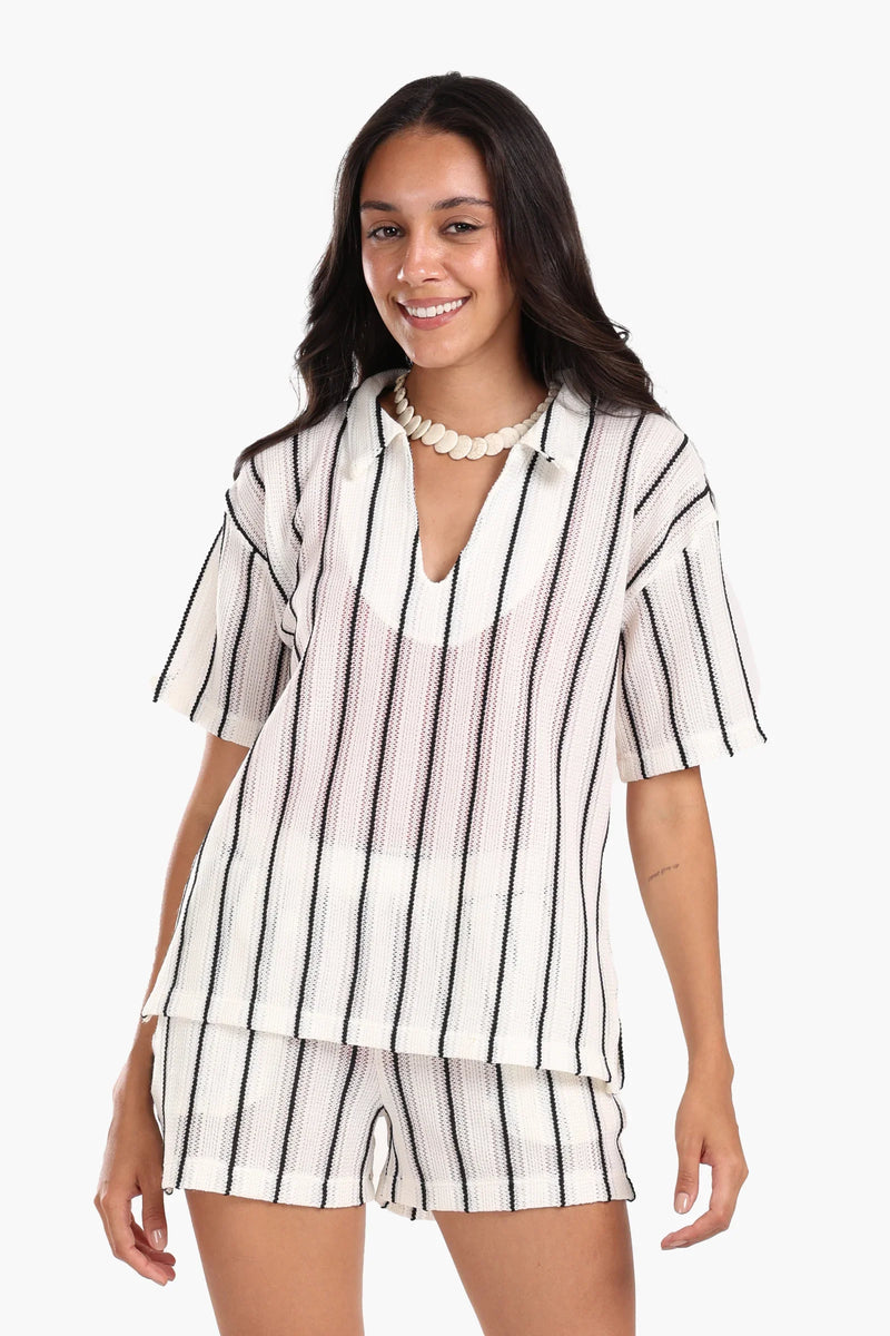 Polyester Striped Beach Set – White & Black