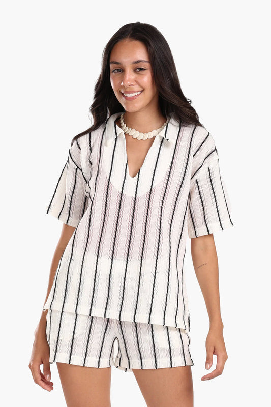 Polyester Striped Beach Set – White & Black