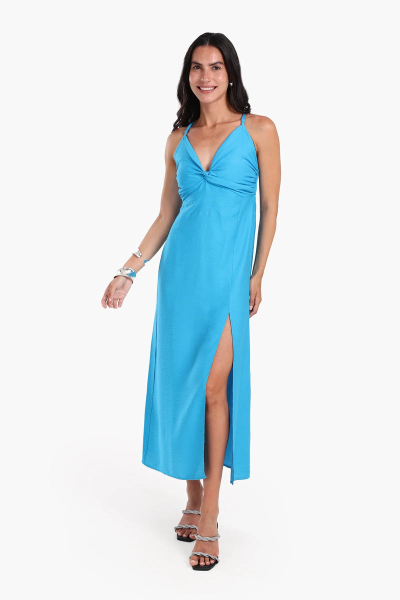 Viscose Solid Crisscross Back Midi Dress – Blue