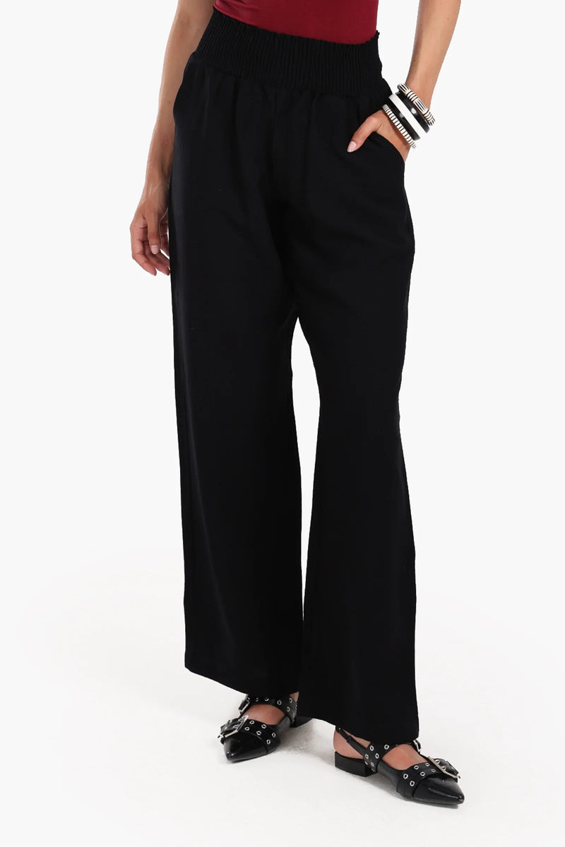 Tencel Solid High Wide Waist Beach Pants – Black