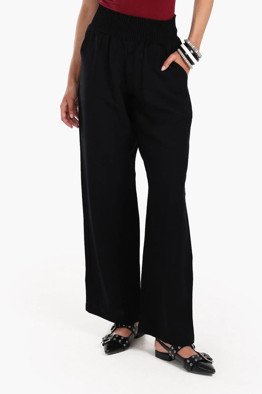 Tencel Solid High Wide Waist Beach Pants – Black