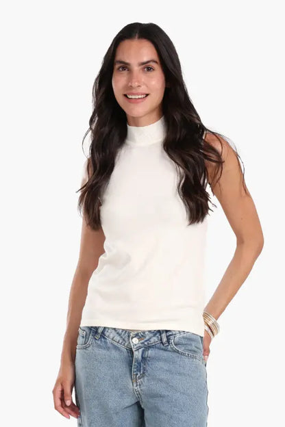Wool Solid High Neck Sleeveless Pullover – Off White