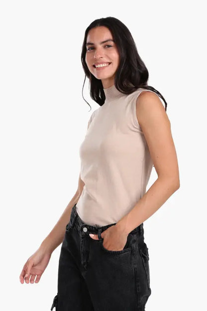 Wool Solid High Neck Sleeveless Pullover – Beige