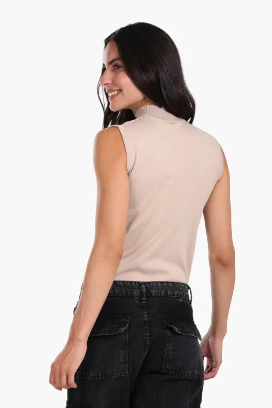 Wool Solid High Neck Sleeveless Pullover – Beige
