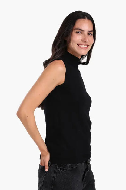 Wool Solid High Neck Sleeveless Pullover – Black