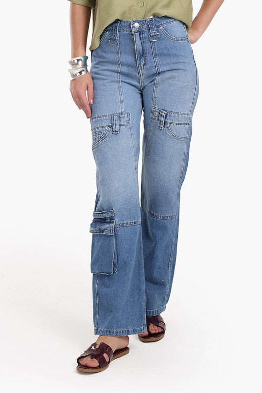 Washed Straight Cut Cargo Jeans – Light Blue