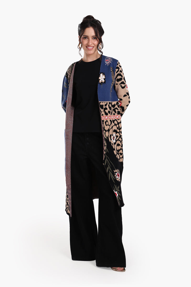 Wool Leopard & Floral Pattern Long Cardigan – Multicolor