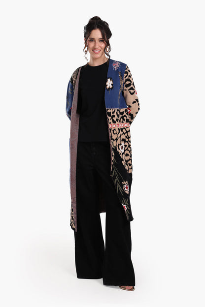 Wool Leopard & Floral Pattern Long Cardigan – Multicolor
