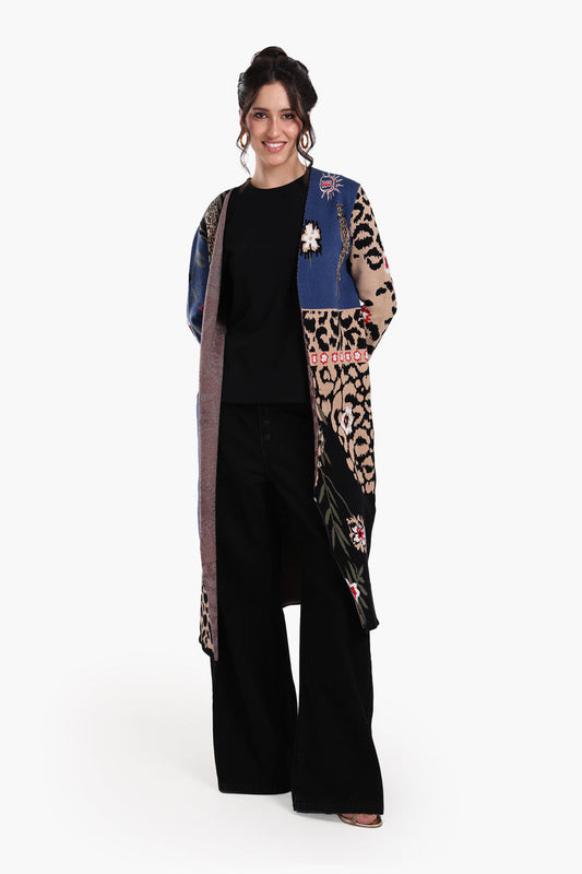 Wool Leopard & Floral Pattern Long Cardigan – Multicolor