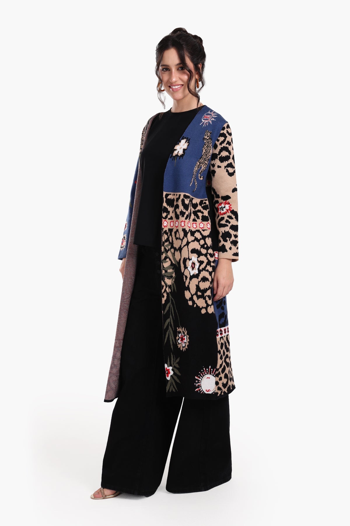 Wool Leopard & Floral Pattern Long Cardigan – Multicolor