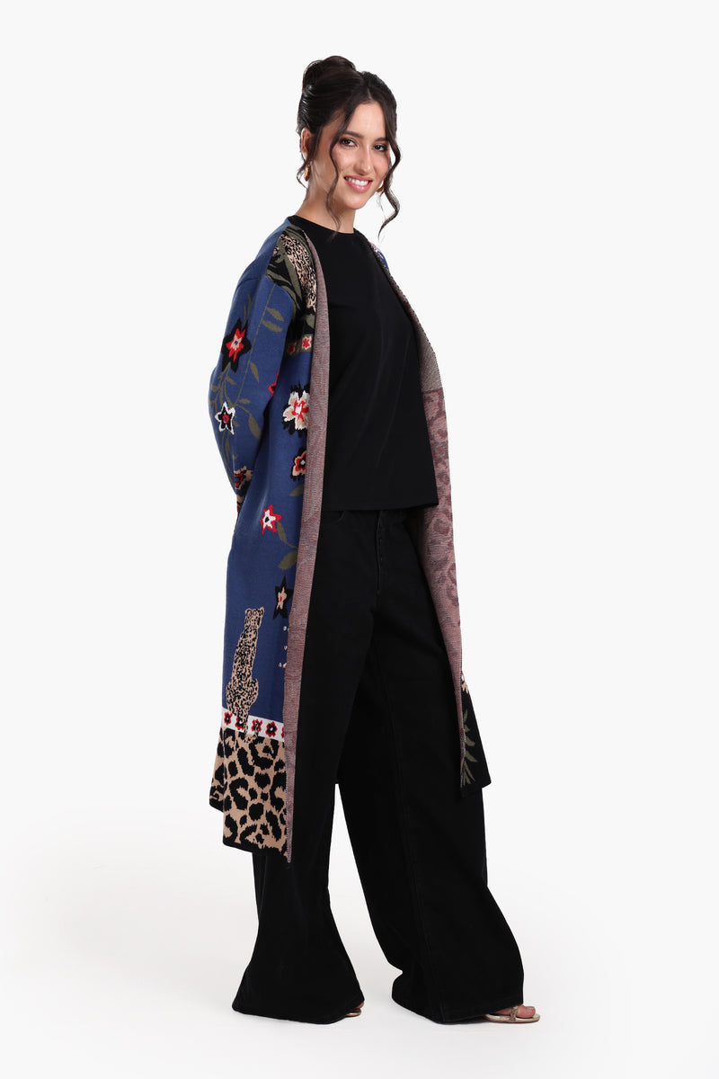 Wool Leopard & Floral Pattern Long Cardigan – Multicolor