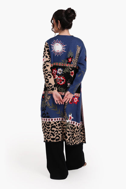 Wool Leopard & Floral Pattern Long Cardigan – Multicolor