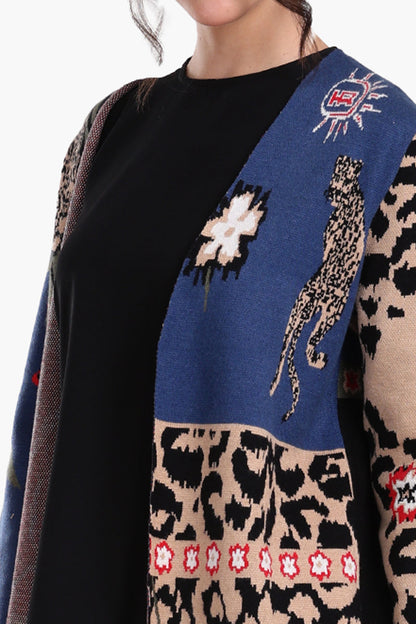 Wool Leopard & Floral Pattern Long Cardigan – Multicolor