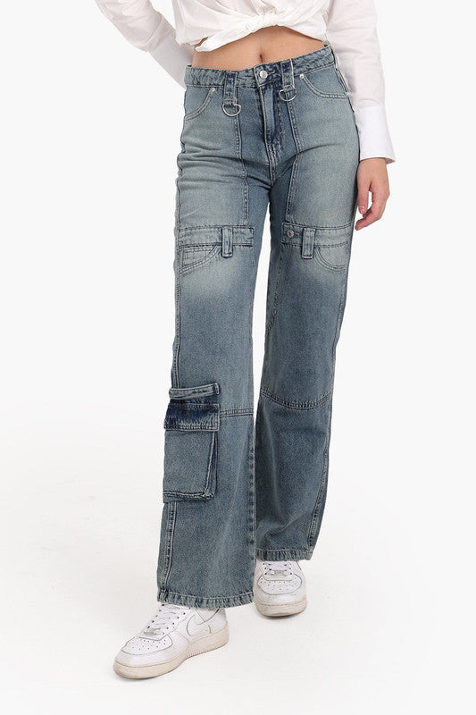 Washed Straight Cut Cargo Jeans – Faded Blue