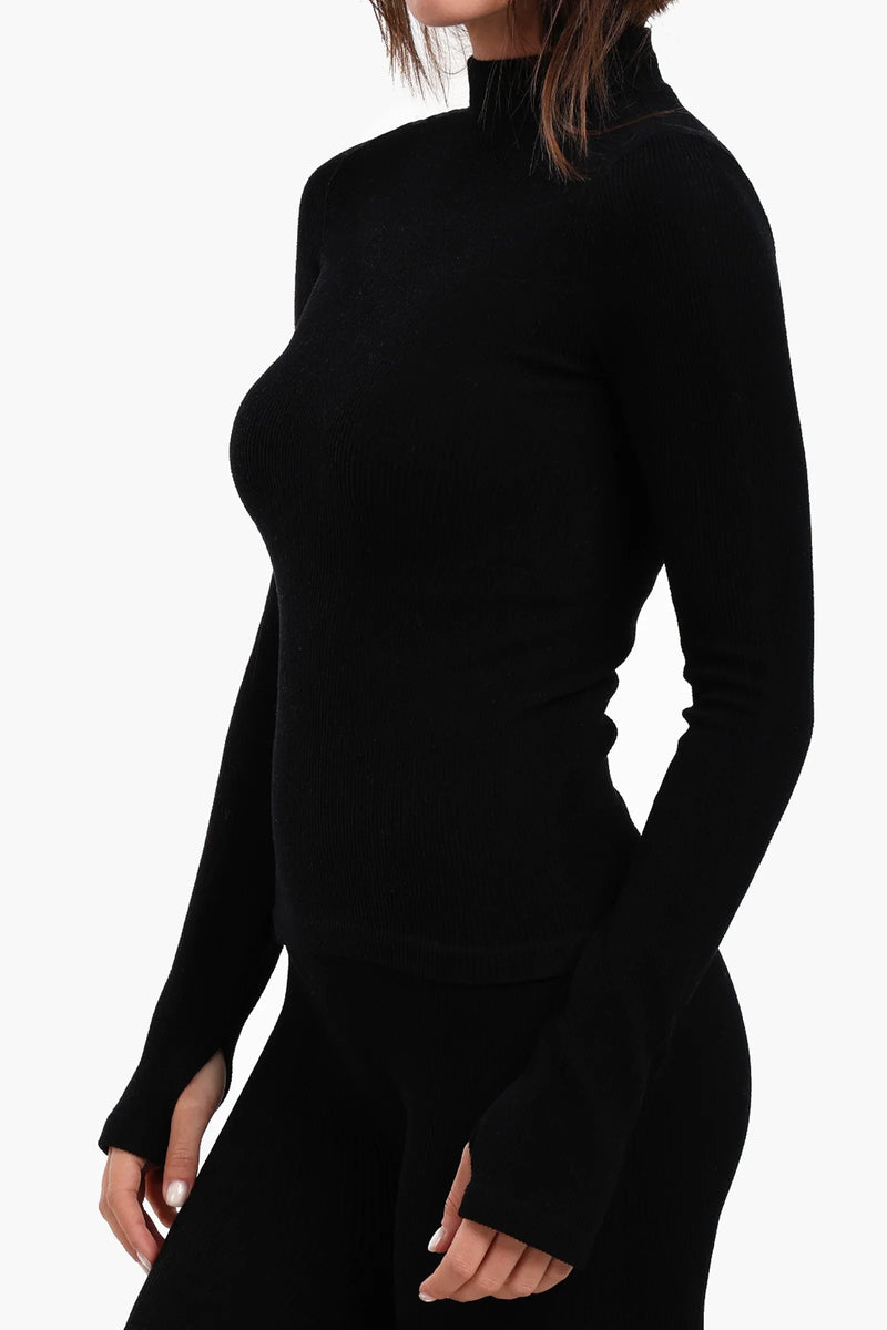 Microfiber Ribbed High Neck Top with Thumbhole – Black