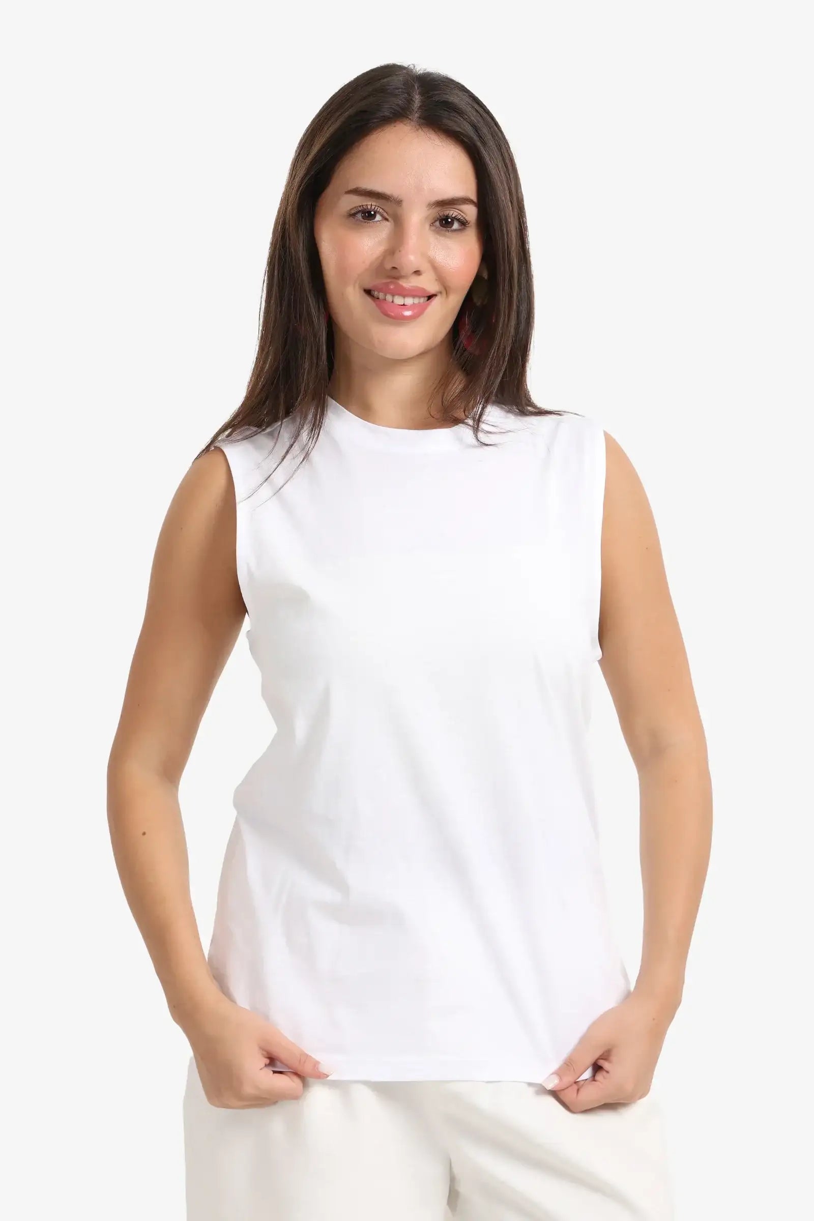 Plain Crew Neck Sleeveless Top – White