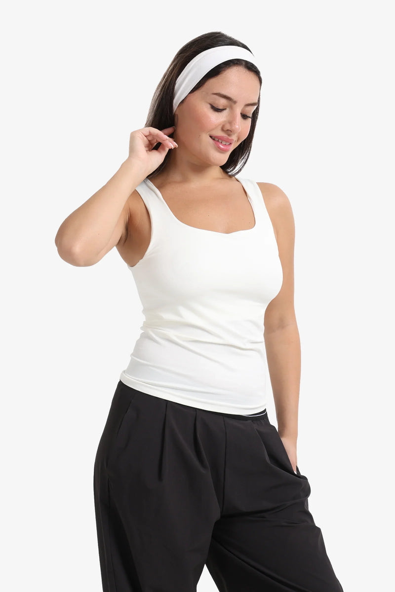 Polyamide Solid Square Neck Tank Top – Off White