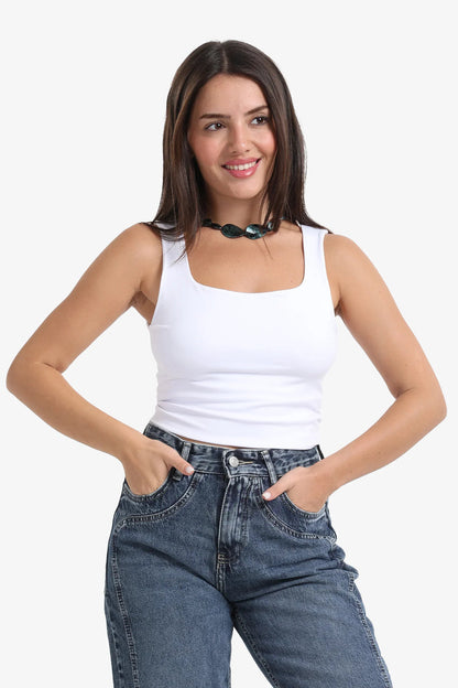 Polyamide Solid Square Neck Tank Top – White