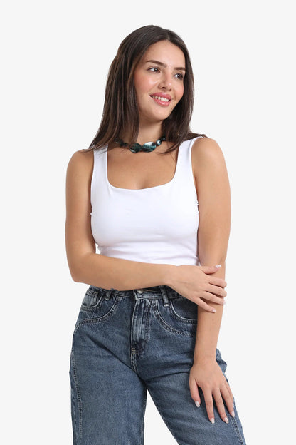 Polyamide Solid Square Neck Tank Top – White