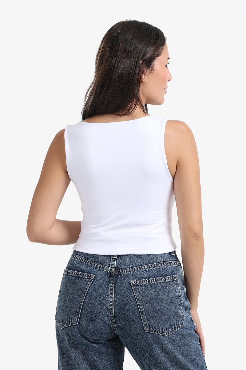 Polyamide Solid Square Neck Tank Top – White