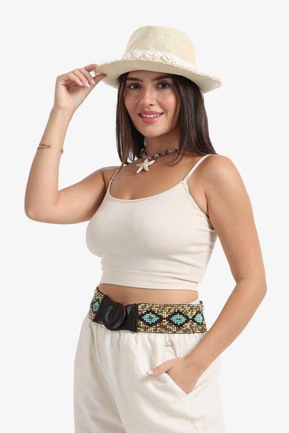 Polyamide Ribbed Double-Strap Top – Medium Beige