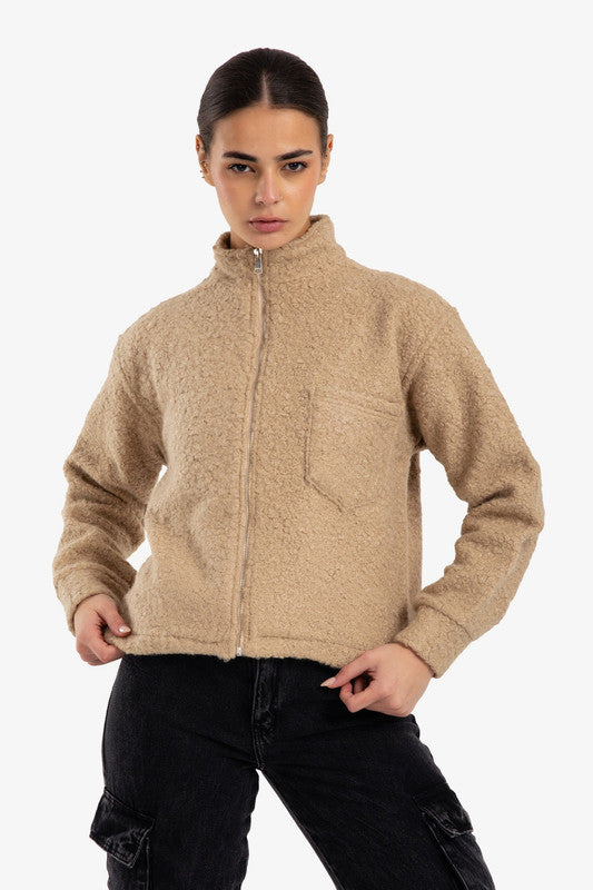 Stand Collar Wool Jacket with Chest Pocket – Beige