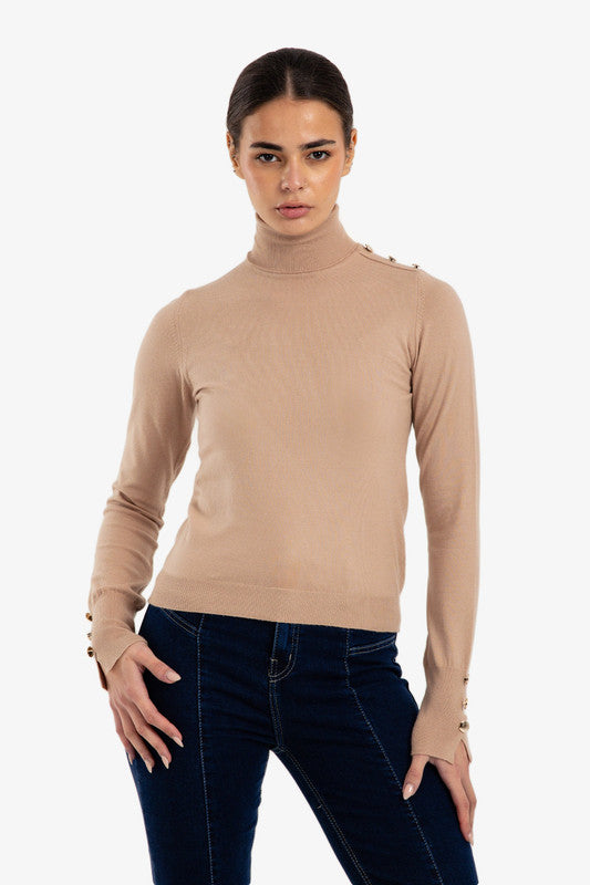Plain Buttoned Cuff Slim Pullover – Camel