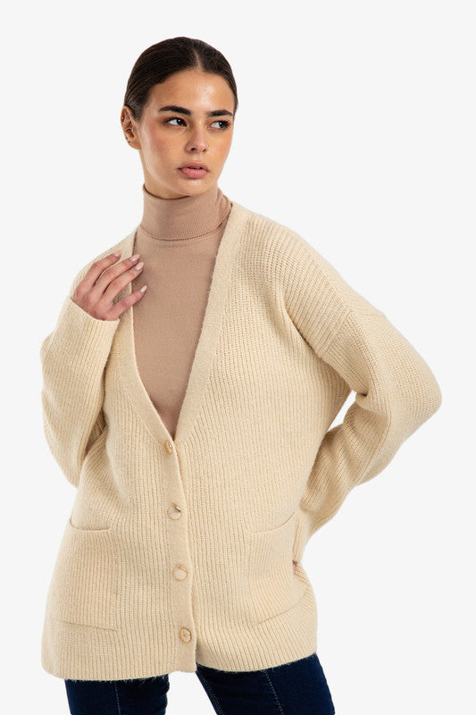 Knitted Button-Down Relaxed Cardigan – Light Beige