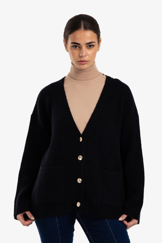 Knitted Button-Down Relaxed Cardigan – Black