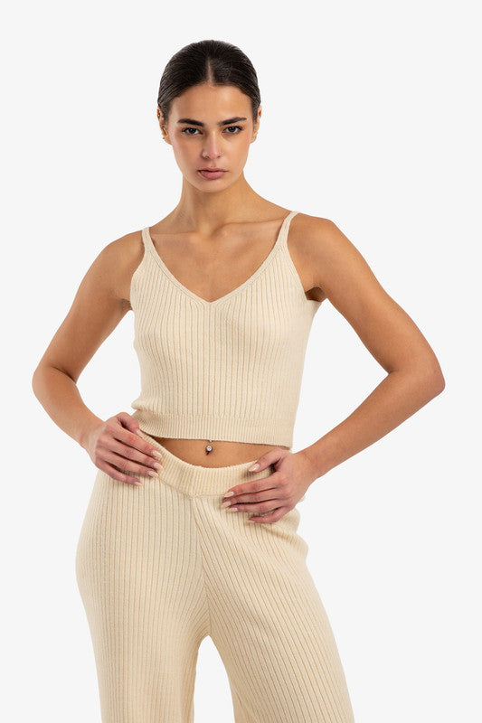 Ribbed Cropped Slim Fit Top – Light Beige