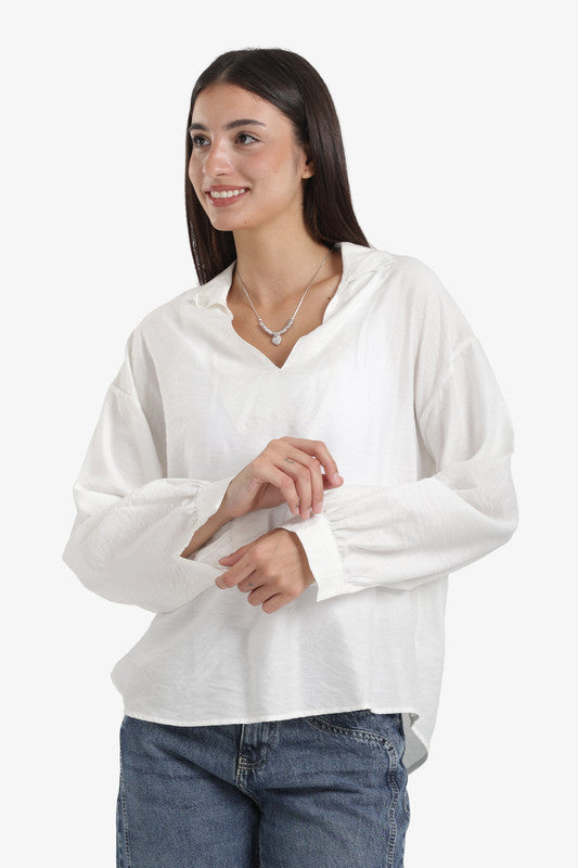 Solid V-Neck Blouse – White