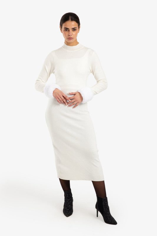 Solid Fur Cuff Slim Fit Knit Dress – Off White