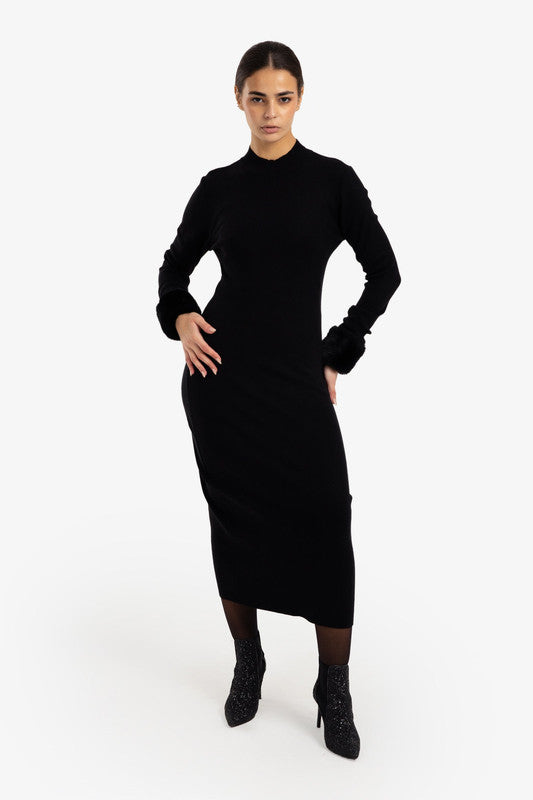 Solid Fur Cuff Slim Fit Knit Dress – Black