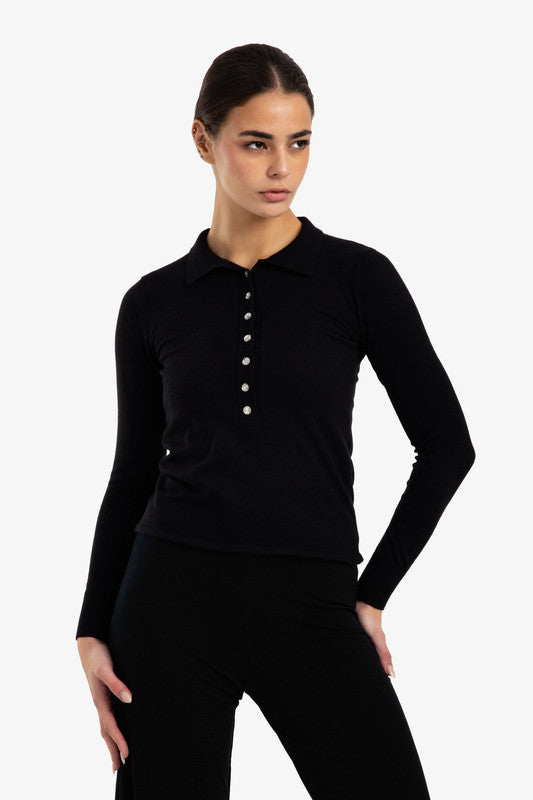 Solid Buttoned Slim Fit Pullover – Black