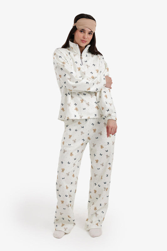Velvet Printed Pajama Set – Ivory