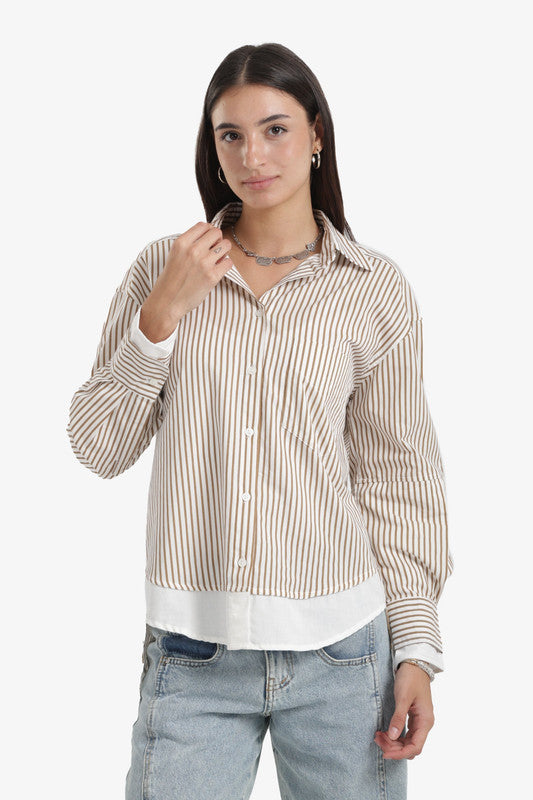 Striped High-Low Button Shirt – Coffee