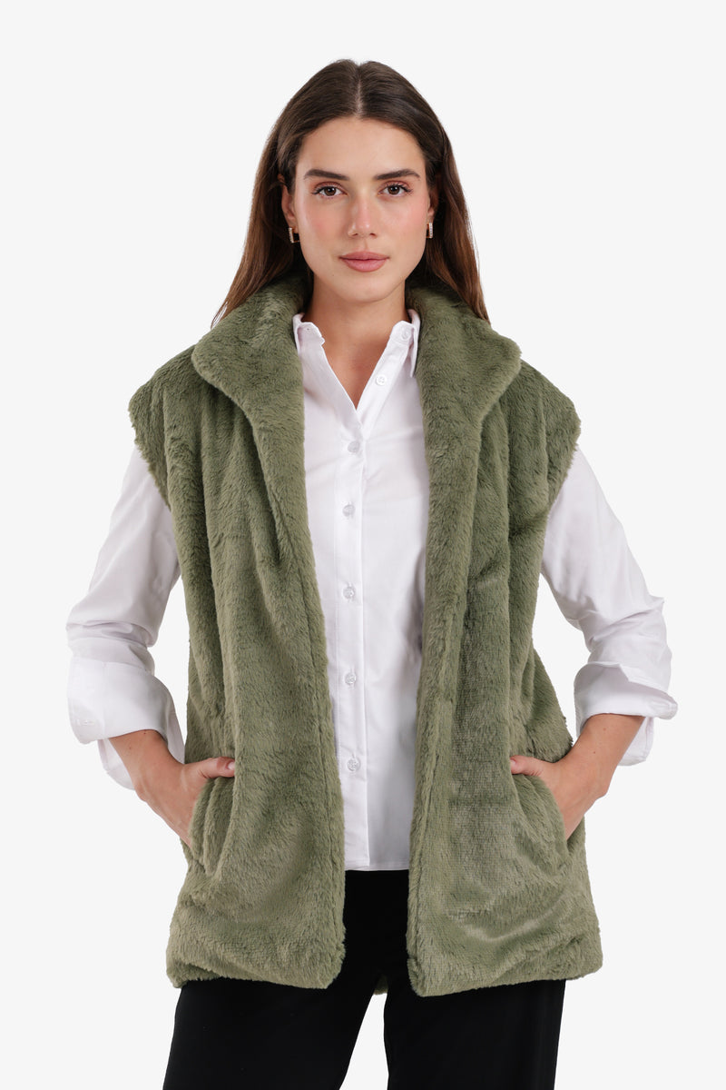 Faux Fur Plain Open Neckline Vest – Olive