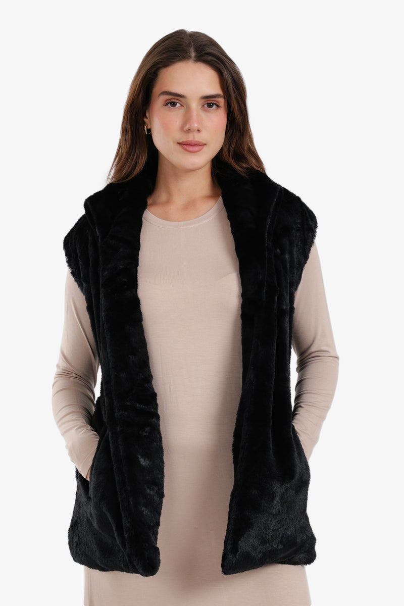 Faux Fur Plain Open Neckline Vest – Black
