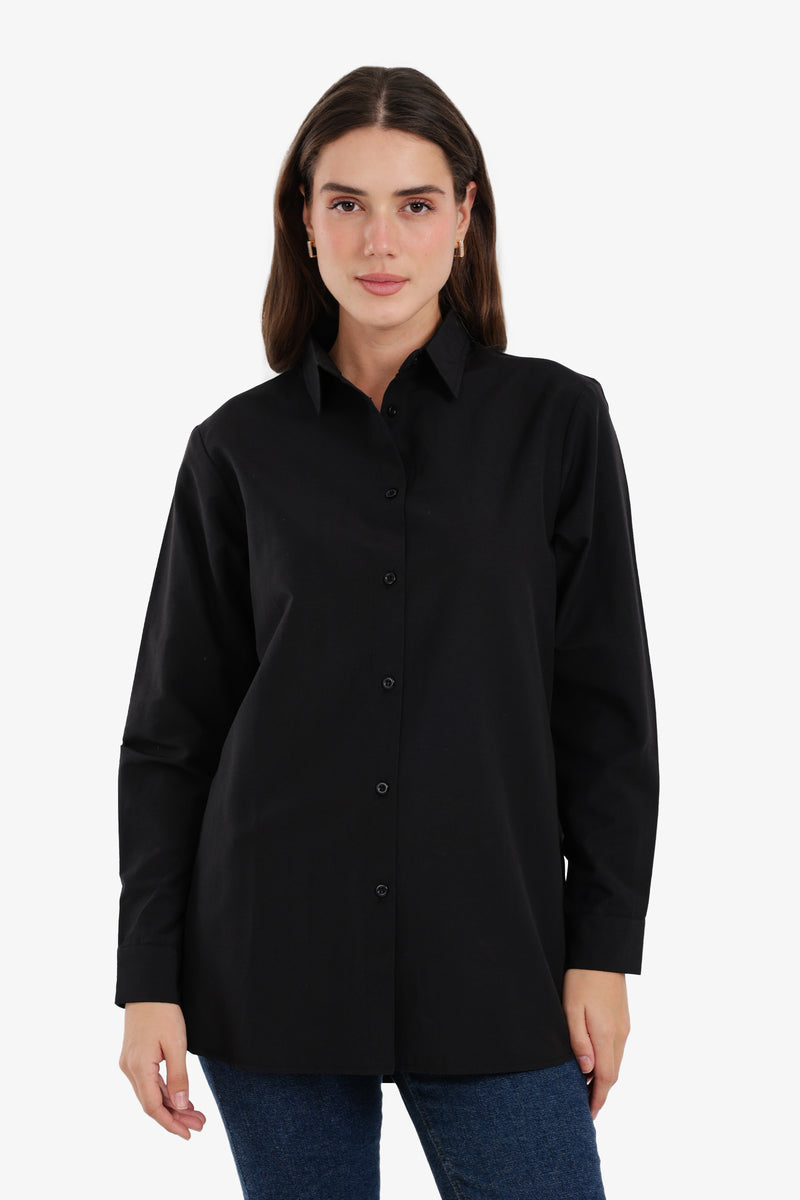 Solid Full-Placket Relaxed Shirt – Black