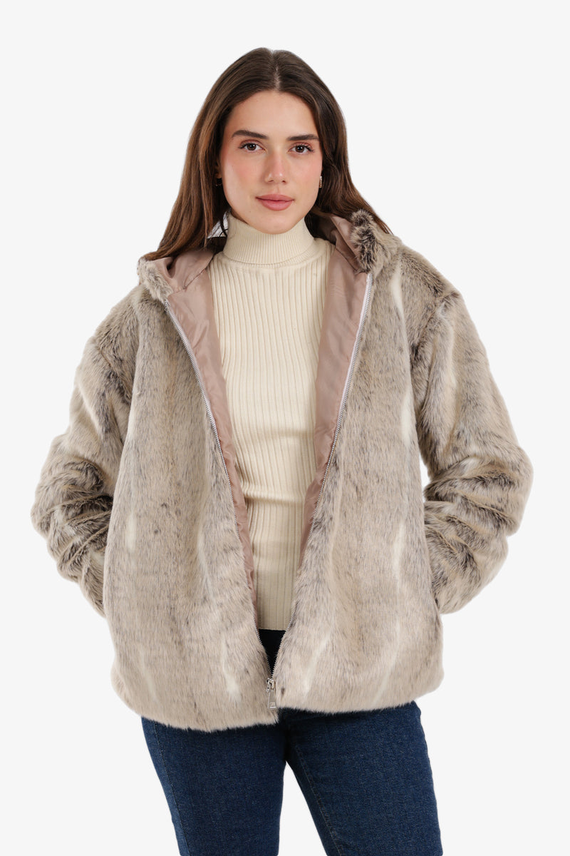 Fur Striped Hooded Jacket – Beige