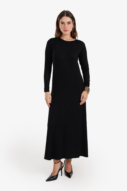 Plain Flowy Hem Long Sleeve Dress – Black