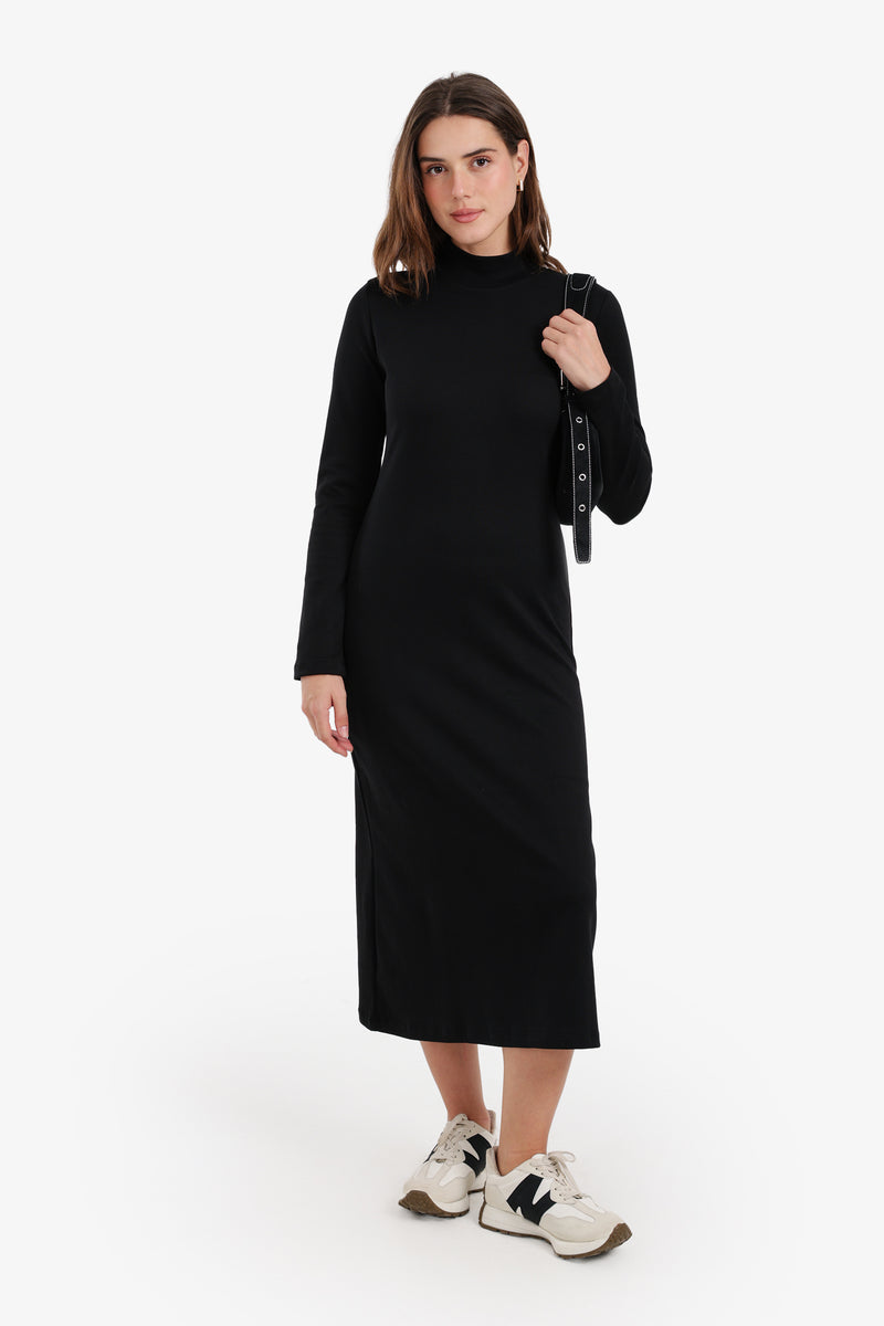 Cotton Plain Mock Neck Midi Dress – Black
