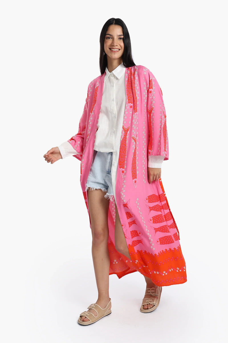 Cotton Fish Printed Kimono - Pink