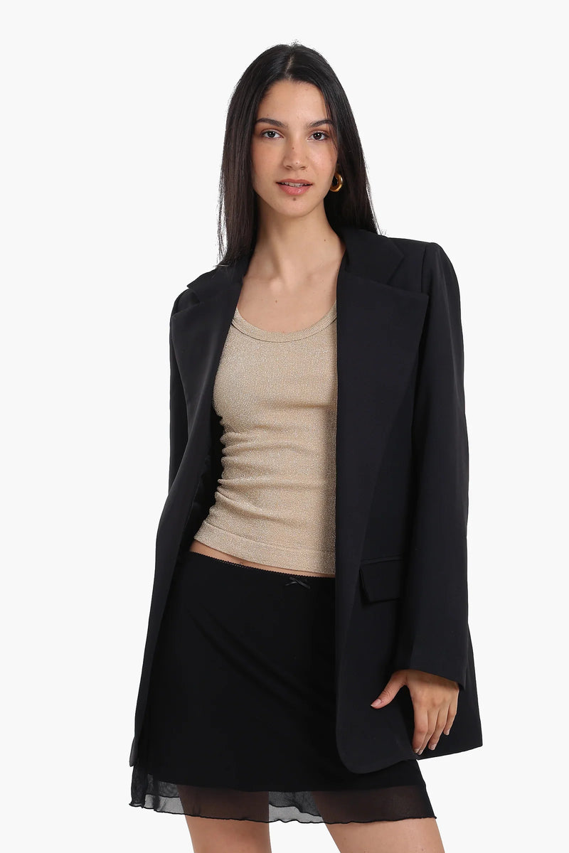 Polyester & Elastane Solid Blazer – Black
